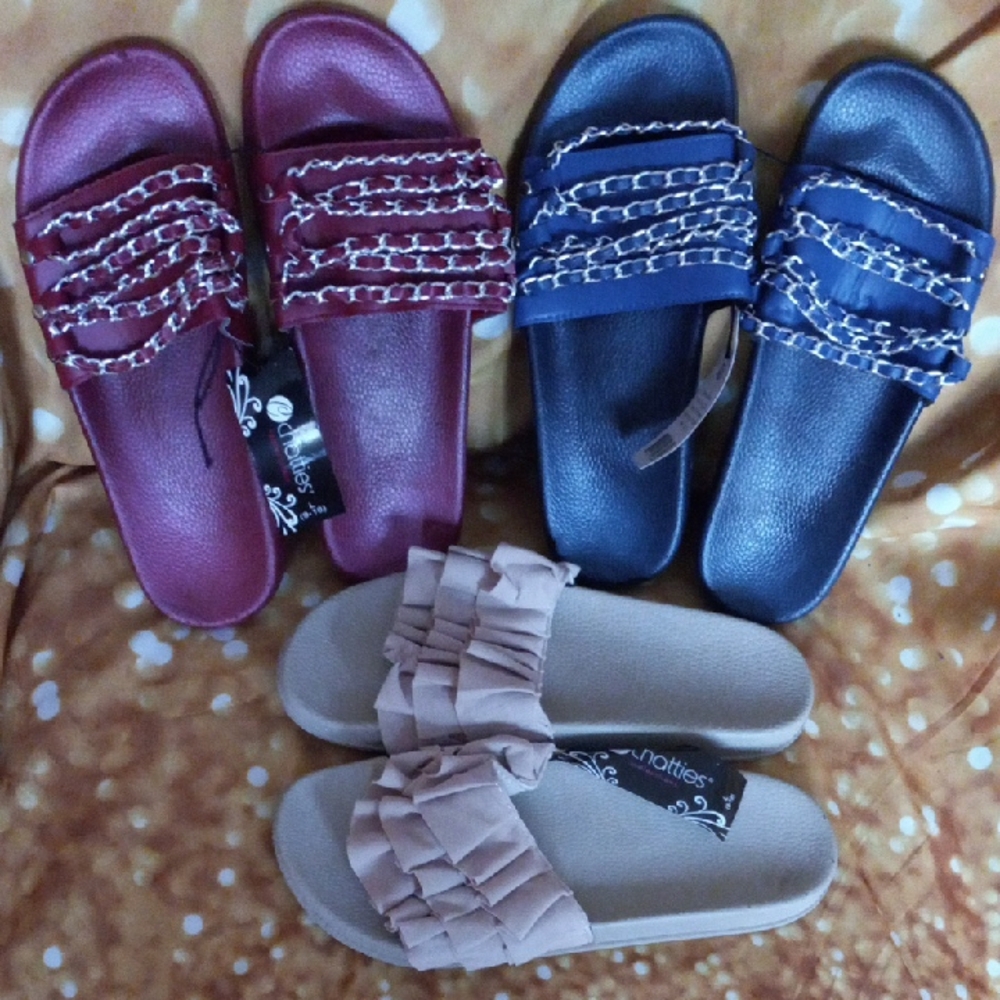 NEW & never-worn. 3 pairs! Women's Slides. 2 with accent chains. Set ONLY.